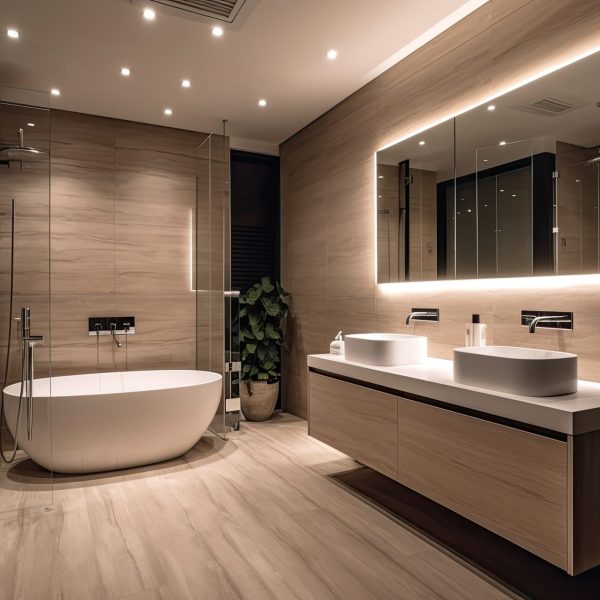 sleek grey marble bathroom with LED lighting, double vanity, and freestanding tub