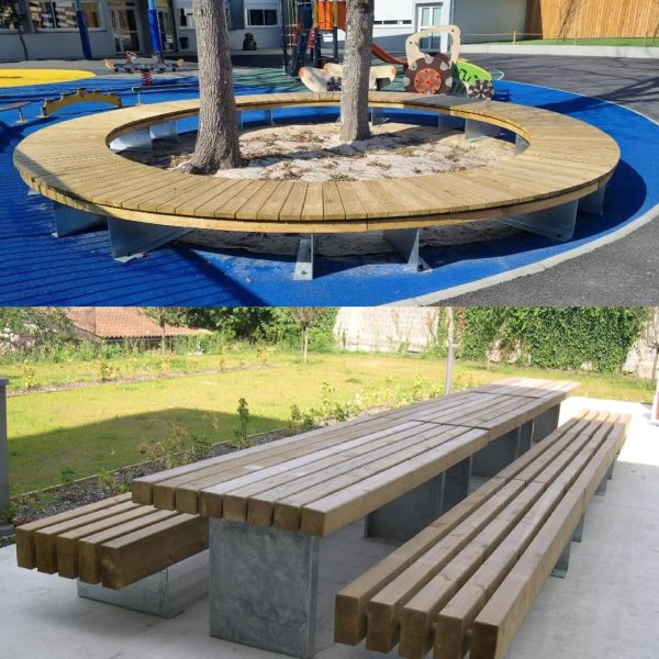 Mélange du bois avec l'acier galvanisé. Finesse et robustesse du mobiier livré prémonté par nos équipes spécialisées en mobilier urbain